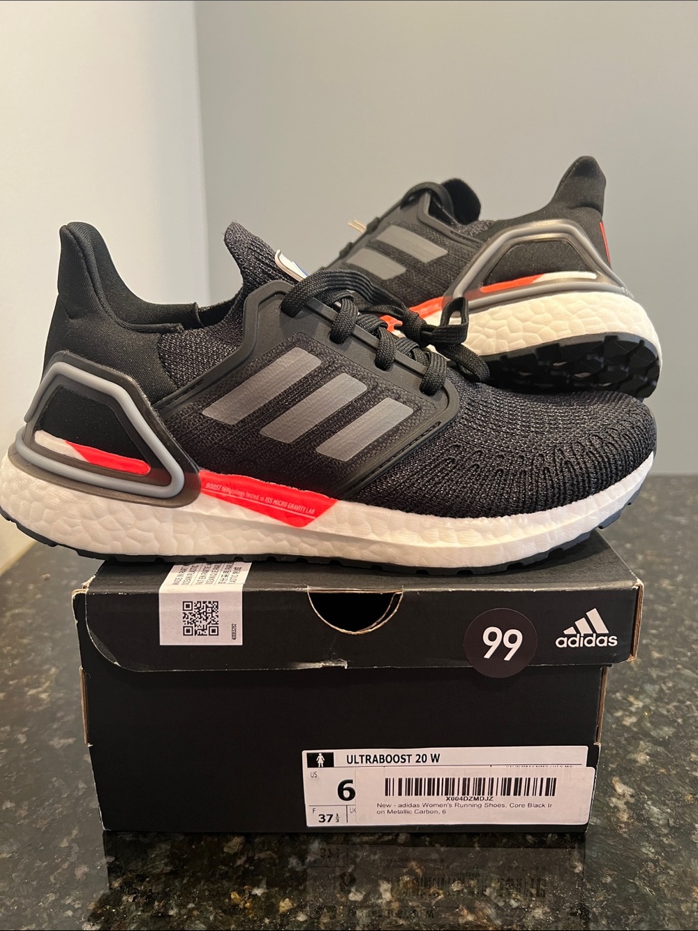 New adidas UltraBoost 20 Black and Gray Running Shoes with Red Accents 6W